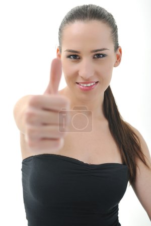 Woman with thumb up isolated on white